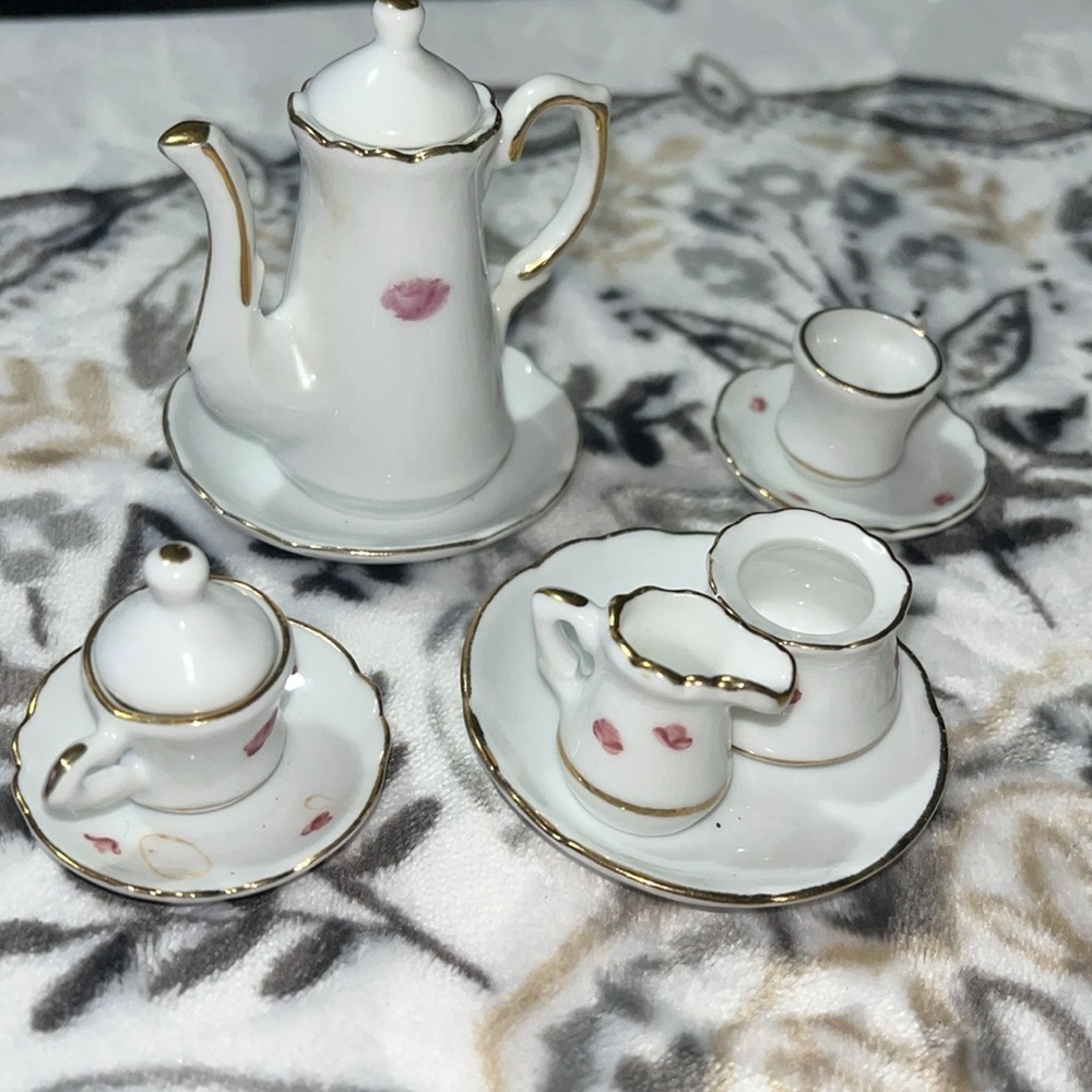 Reutter Porzellan Germany Vtg Mini Tea Set - Pink Rose & Gold Trim 8 pcs - Picture 3 of 4